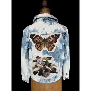 Upcycled Denim Jacket XS Folk Art Moth Bird Nest Bleached Artwear Coat